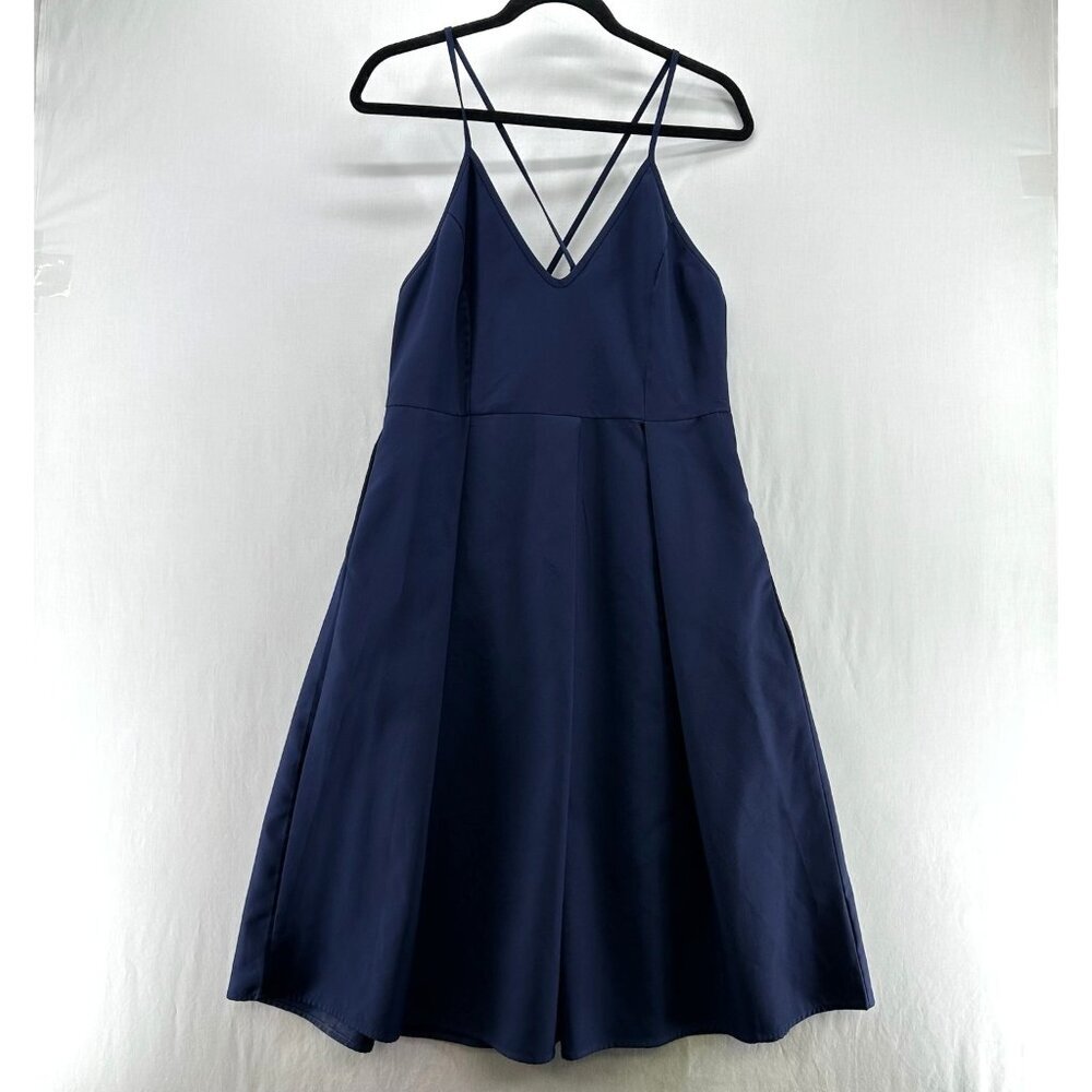 Elia Cher Midi Dress Sz L Pleated V-Neck Adjustable Crossback Strap Pleated Navy